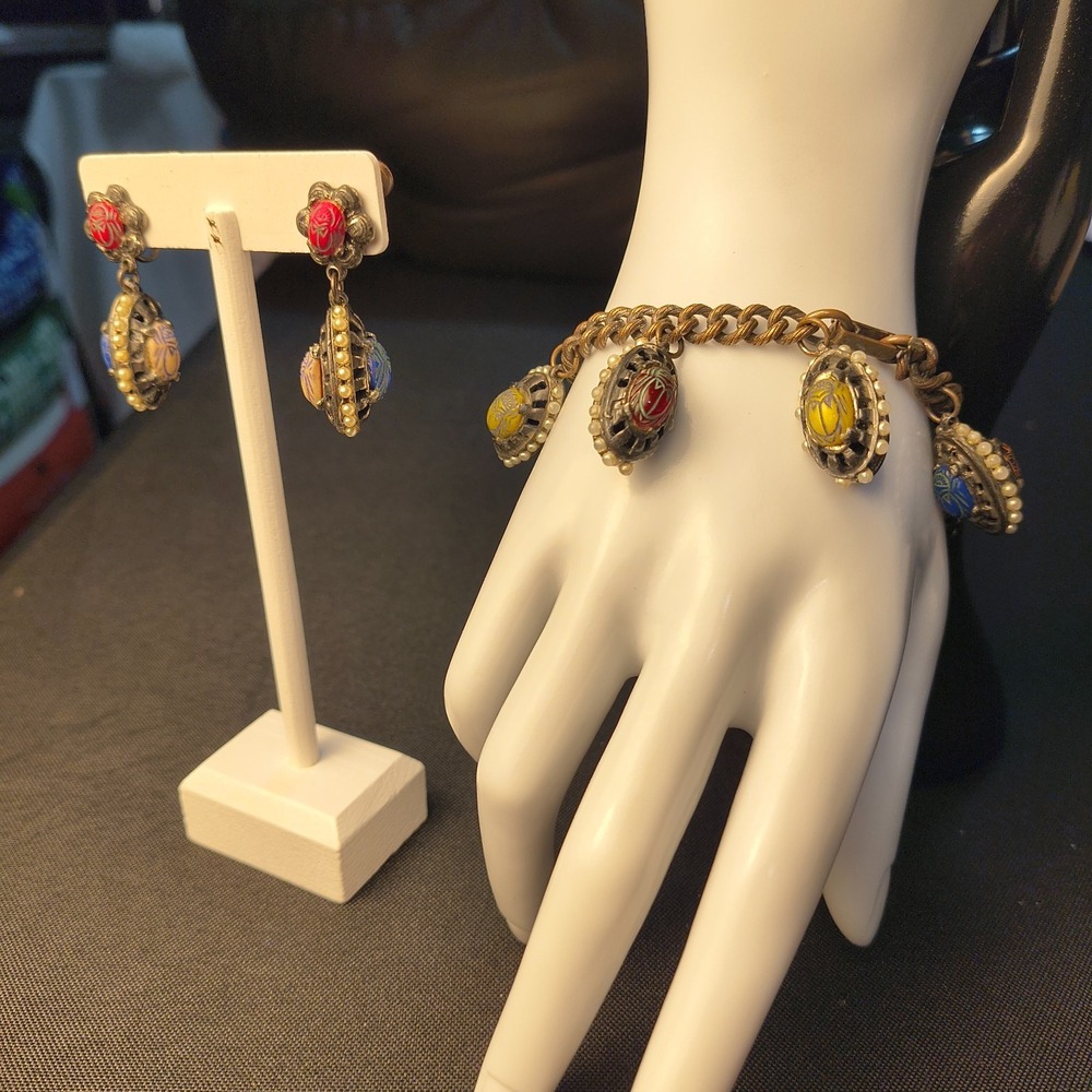 Scarab Carved‎ Stone Charm Bracelet with Earrings
